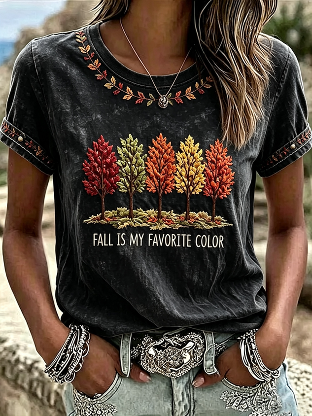 Women Maple Leaf Short Sleeve Tee T-shirt Crew Neck Printing Casual Graphic Tee Summer Top