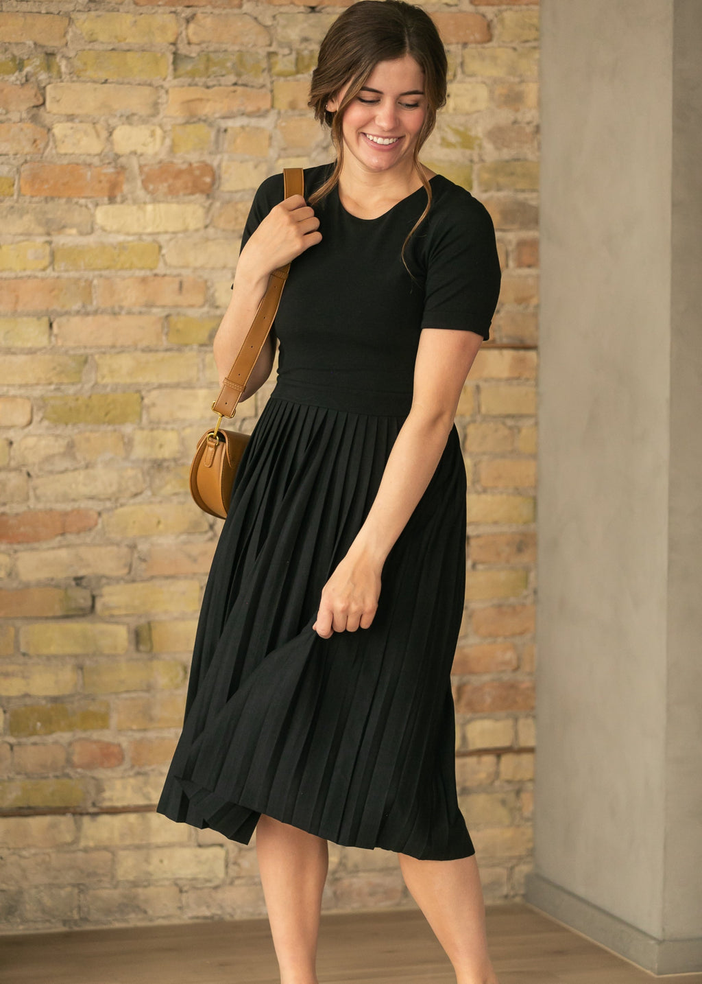 Emersyn Black Pleated Midi Dress