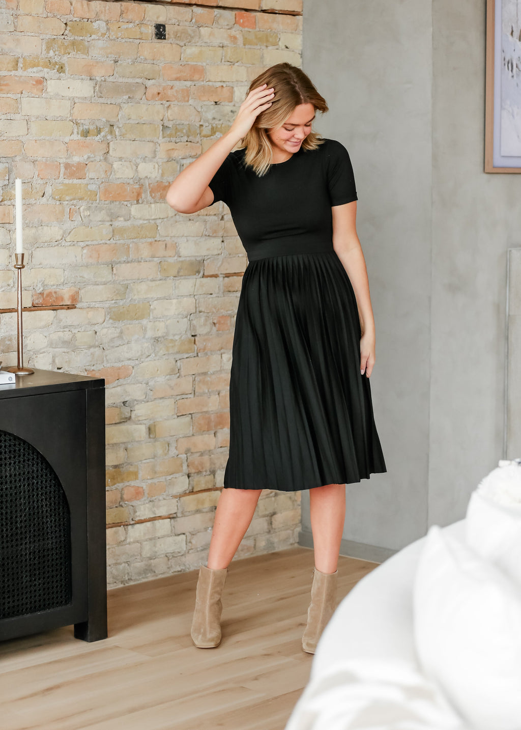 Emersyn Black Pleated Midi Dress