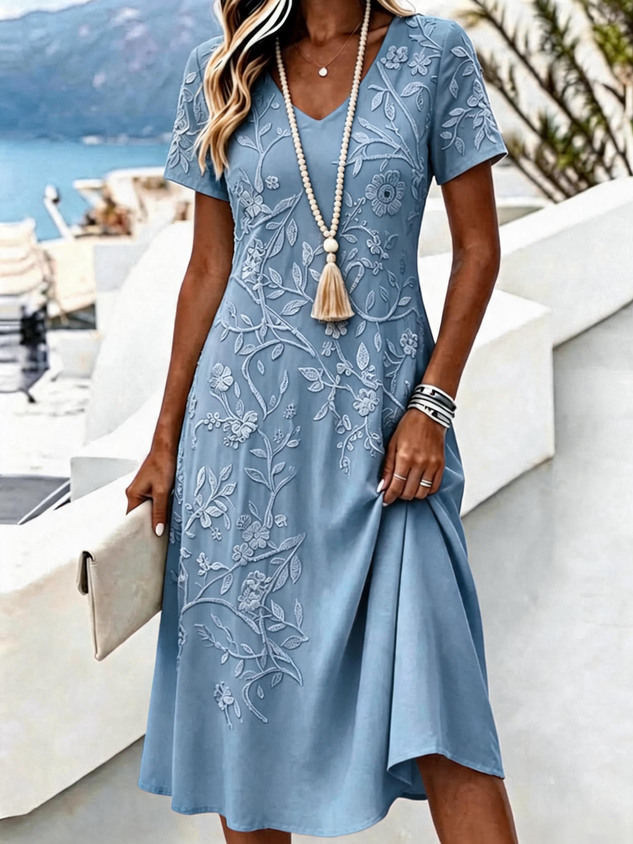 Women Floral Short Sleeve V Neck Dress Daily Vintage Midi A-Line Summer Dress