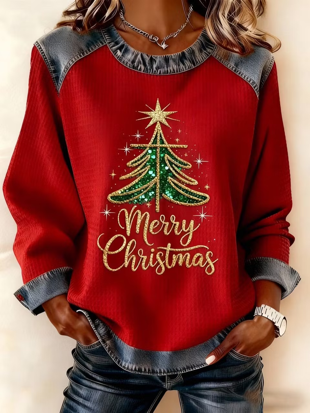 Women Color Block Crew Neck Printing Casual Spring/Fall Long Sleeve Sweatshirt