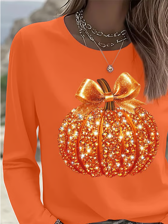 Women Halloween (pumpkin) Long Sleeve Tee T-shirt Crew Neck Printing Casual Spring/Fall Graphic Tee Top