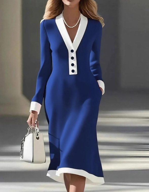 Women Plain Long Sleeve V Neck Dress Party Sexy Midi Hip Skirt A-Line Spring/Fall Dress