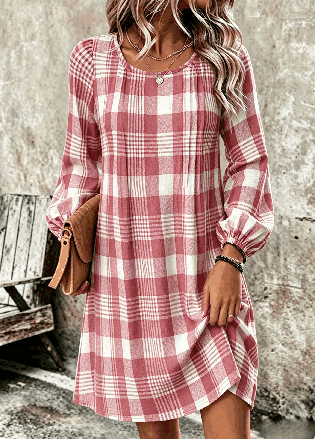 Women Plaid Long Sleeve Crew Neck Dress Daily Vintage Midi T-Shirt Dress A-Line Spring/Fall Dress