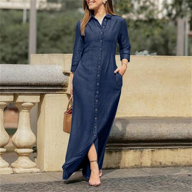 Women Plain Long Sleeve Spring/Fall Dress Stand Collar Daily Casual Maxi Shirt Dress H-Line Dress