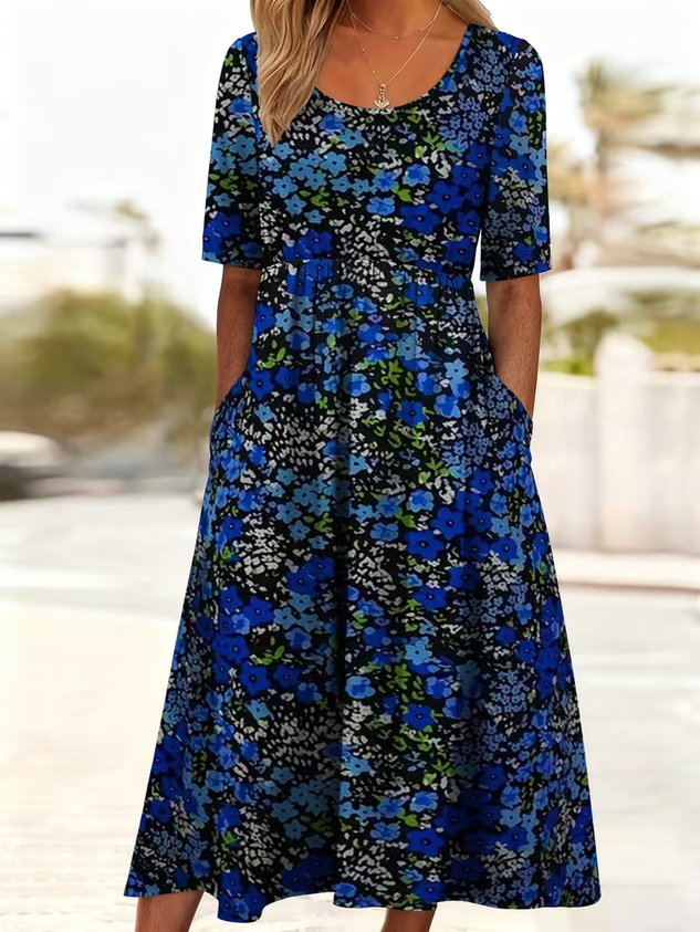 Women Floral Short Sleeve Crew Neck Printing Dress Daily Casual Maxi Shift Dress H-Line Summer Dress