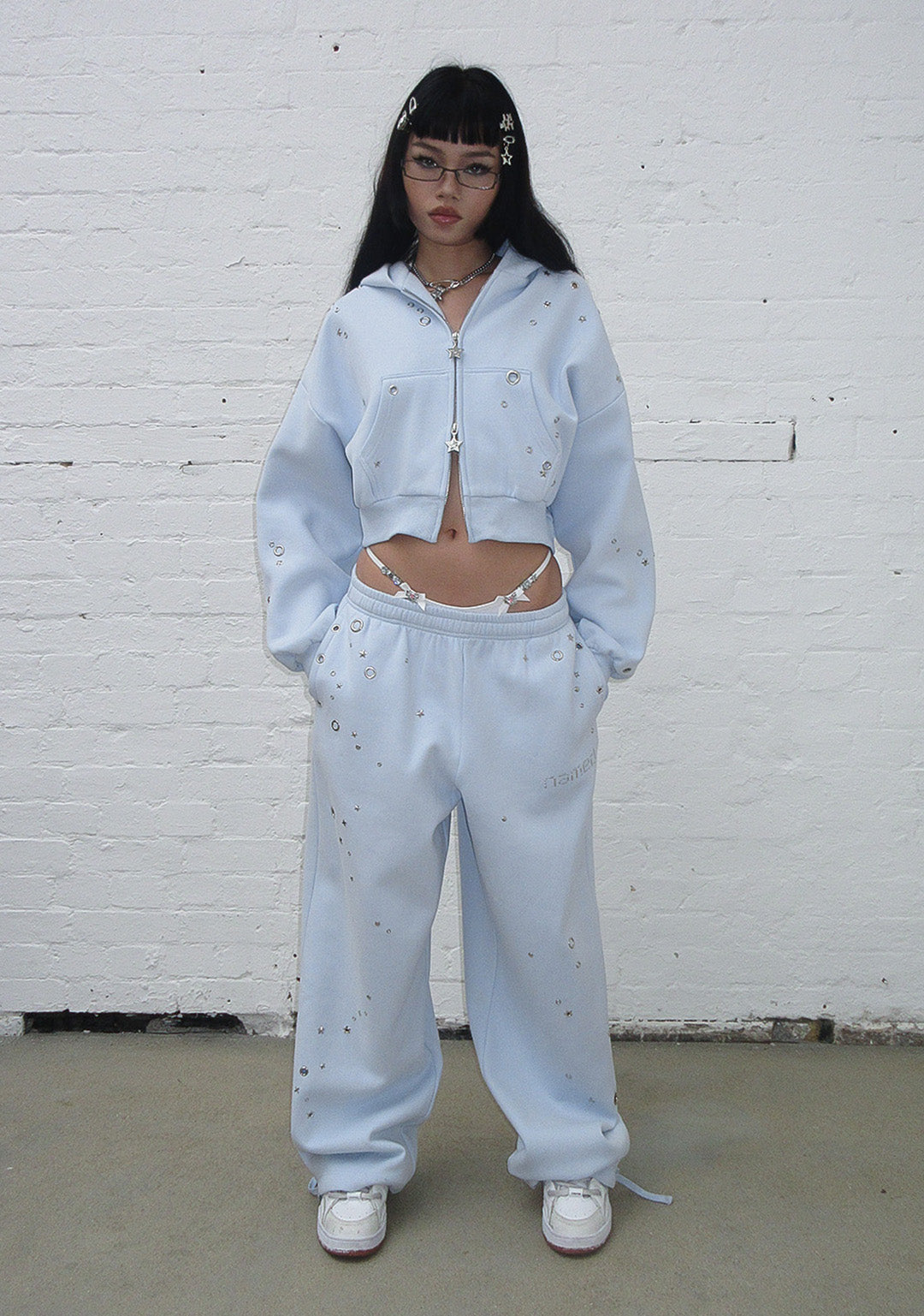 GLITCH EYELET OVERSIZED SWEATPANTS BABY BLUE