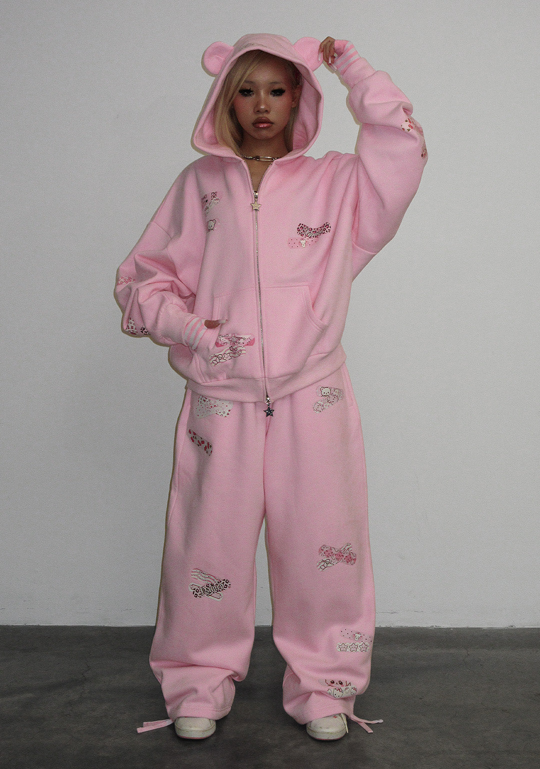 STITCH TEDDY OVERSIZED SWEATPANTS BABY PINK